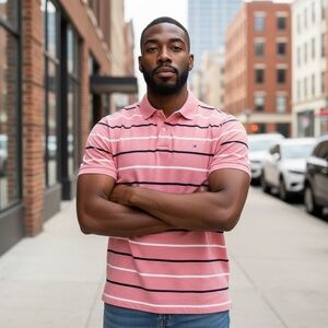 Tommy Hilfiger Men's Pink Striped Polo Shirt 2XL